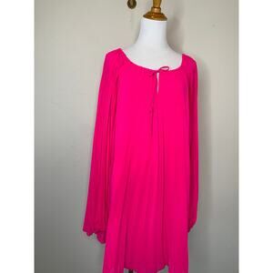 Hot PInk Pleat Swing Dress Peasant Drawstring Neckline Long Sleeves Sz Medium